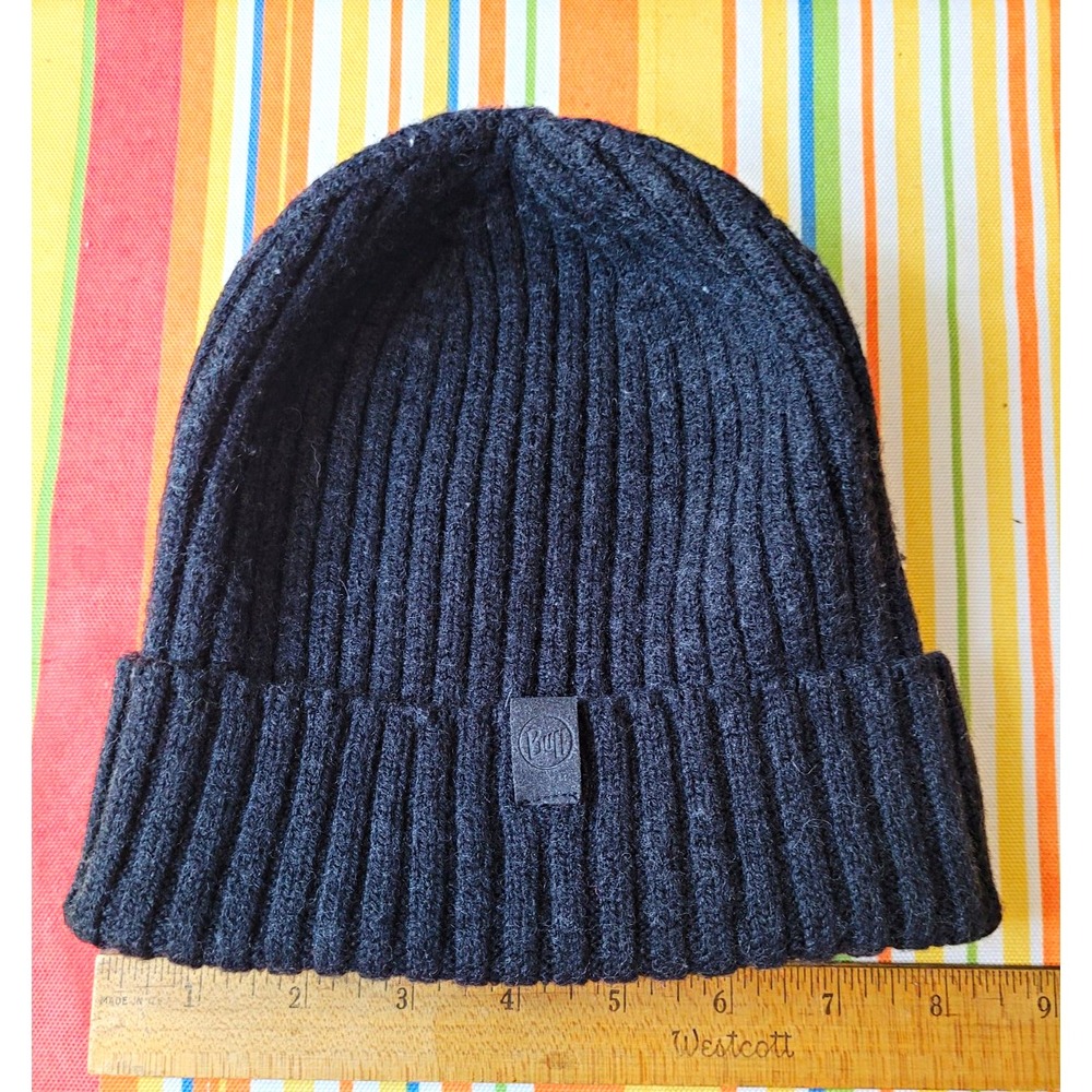 Buff Black Ribbed Knit Beanie Hat One Size Wool Blend Logo Ski Snowboard